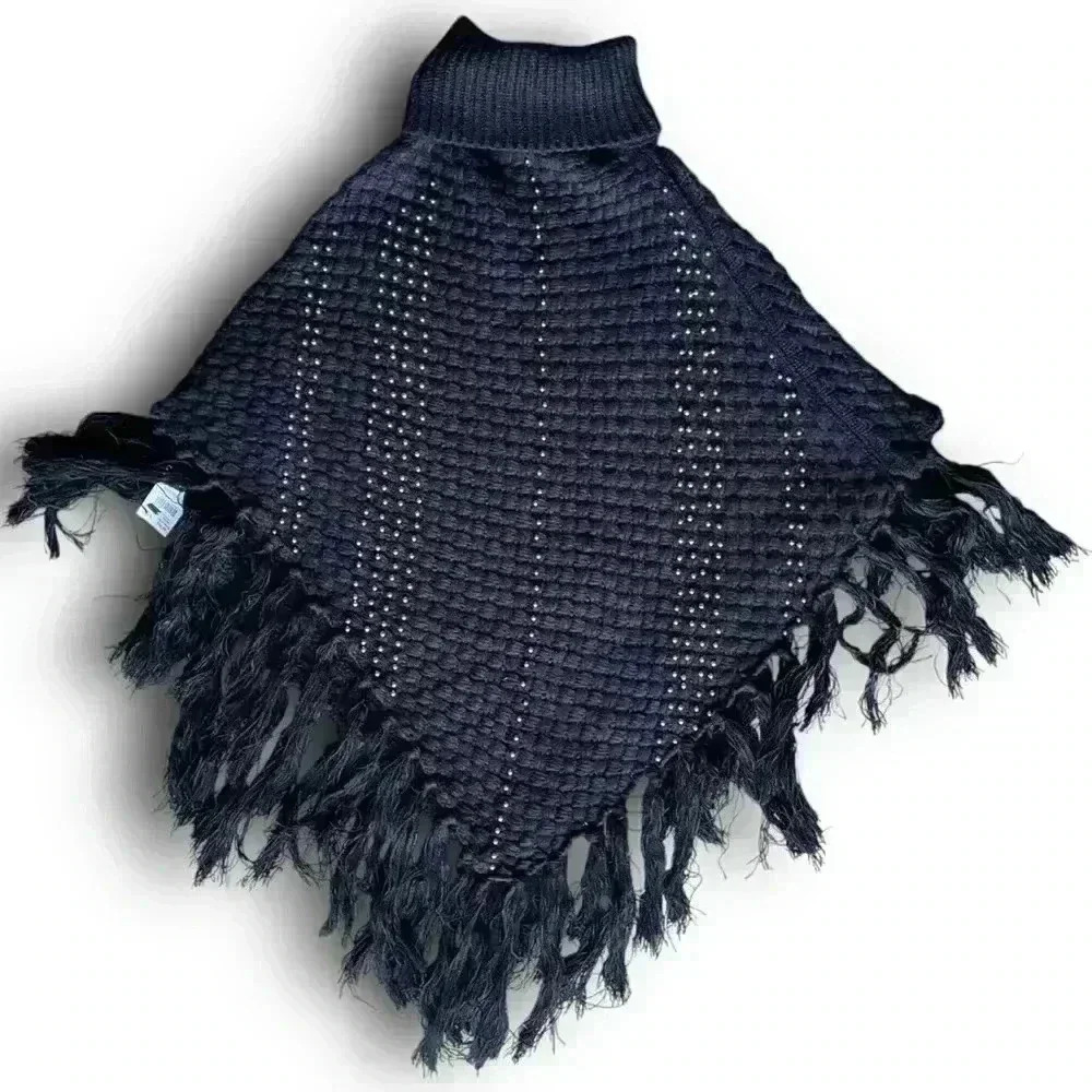 black chunky knit pullover poncho studded fringe sweater turtleneck tassels osfa